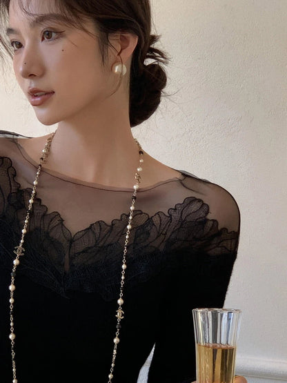 White Off Shoulder Knit Sweater Lace Transparent Mesh Long Sleeve Crop Pullovers Fairycore Aesthetics Clothes