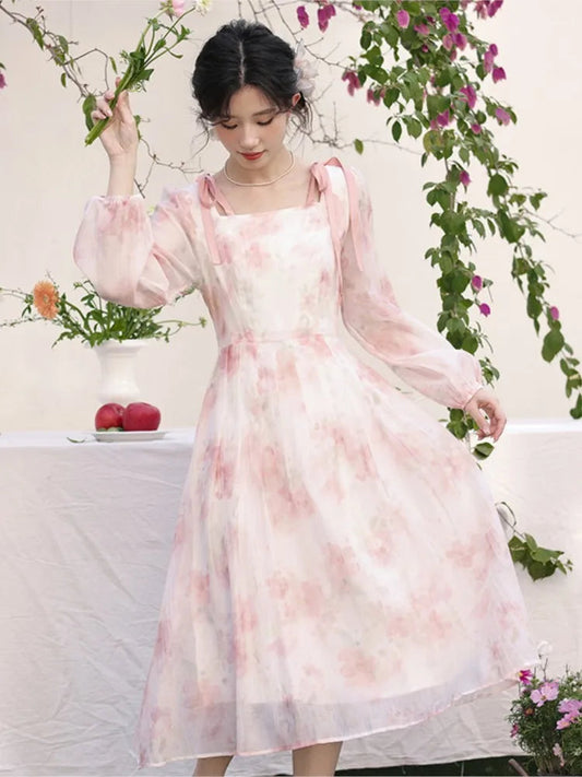 Party Long Dresses Spring Fairycore Dress Pink Bow Laceup French Style Square Neck Fairy Dresses Female Cloting New