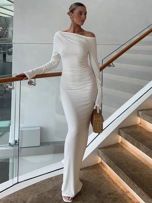 White Skew Collar Long Sleeve Maxi Dress for Autumn Winter New Bodycon Party Dress Female High Waist