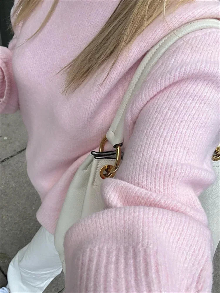 Pink Knitwear Sweater Pullover for Long Sleeve Loose Patchwork Y2k Top Female Knit Pullover New