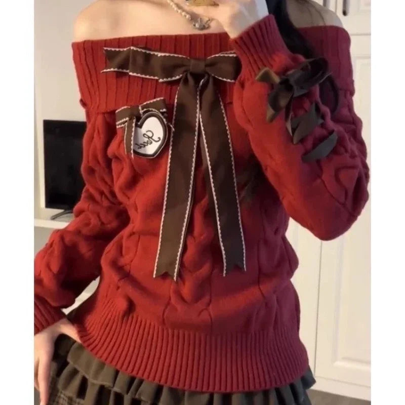Sweet Knitted Pullover Off Shoulder Kawaii Bow Patchwork Sweaters Preppy Style Long Sleeve Sweaters