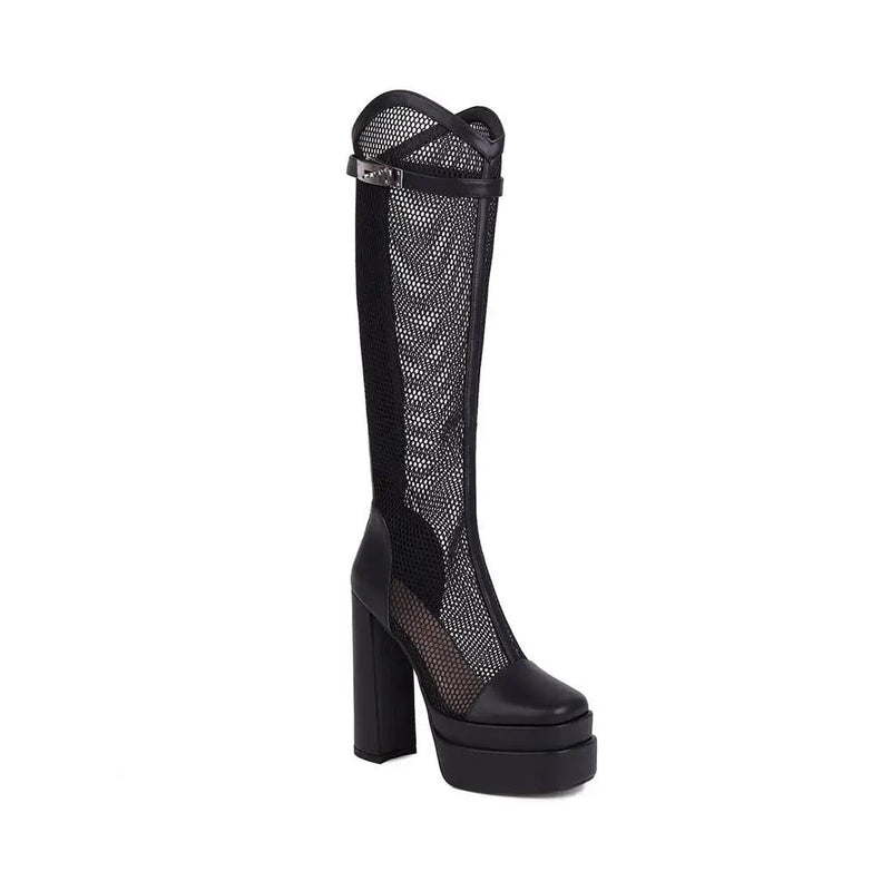 Brand Design Metal Lock High Chunky Heel Double Platform Round Toe Kneehigh Cool Mesh Boots Dance Shoes Size 3346