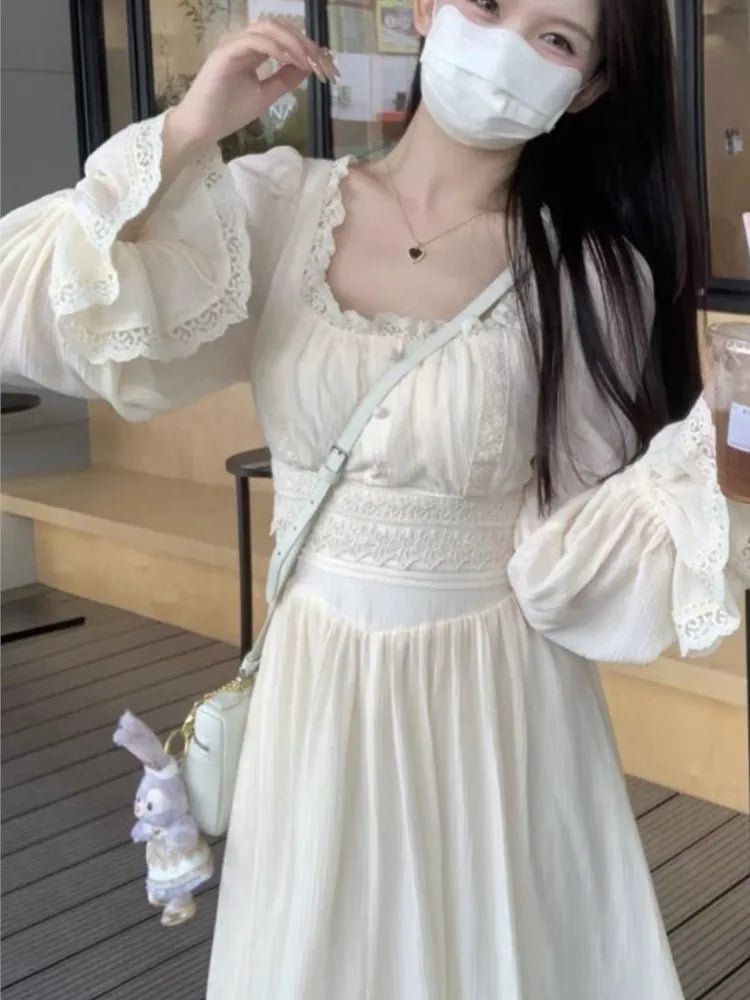 French Princess Midi Dresses Summer Korean Lace Spliced Long Sleeve Vestidos New Evening Clothes