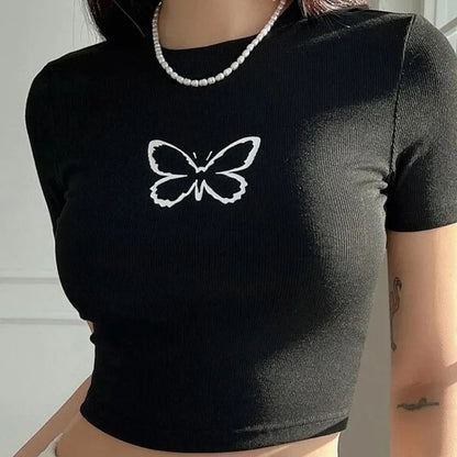 Y2k Butterfly Printed Round Neck Short T-shirt Spring/summer Short Sleeved Slim Fit Top