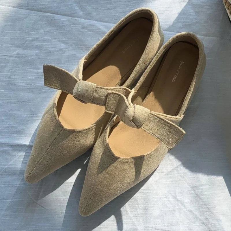Satin Pointed Toe Mary Jane Bow Knitted Flats Shallow Comfortable Chunky Heel Shoes Design Ballet Shoes