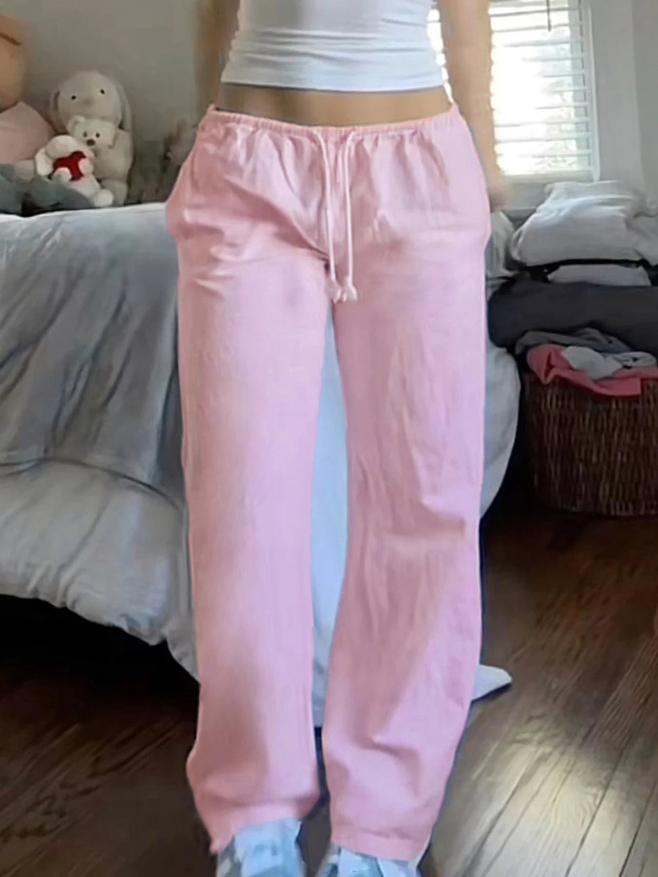 Pink Loose Woven Straight Leg Pants Drawstring Low Waist Y2k Baggy Jogging Trousers