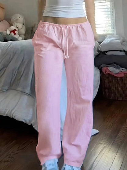 Pink Loose Woven Straight Leg Pants Drawstring Low Waist Y2k Baggy Jogging Trousers