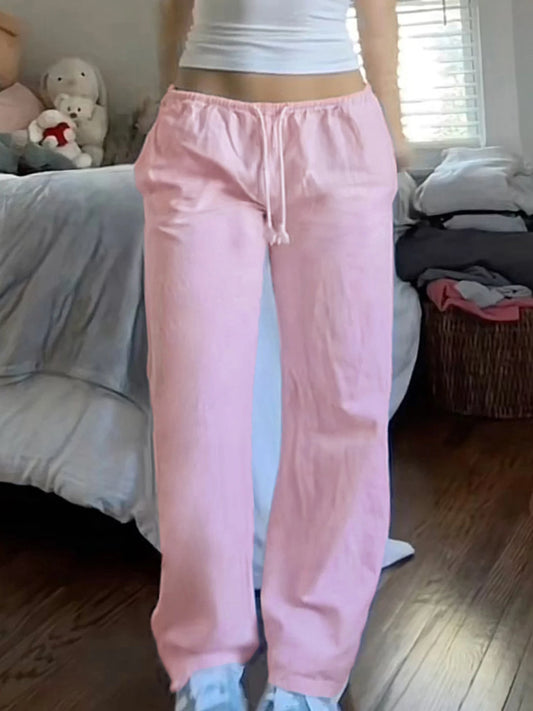 Pink Loose Woven Straight Leg Pants Drawstring Low Waist Y2k Baggy Jogging Trousers
