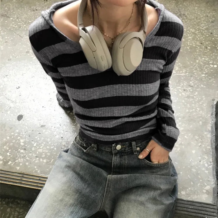 Vneck Striped Simple Knitted Tops Mujer Street Allmatch Hoodie Coat Y2k Slim Fit Long Sleeve Pullovers