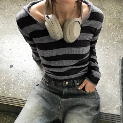 Vneck Striped Simple Knitted Tops Mujer Street Allmatch Hoodie Coat Y2k Slim Fit Long Sleeve Pullovers