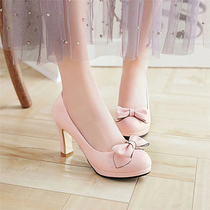 Pumps Round Toe Platform Thick High Heels Bow Shallow Wedding Shoes Spring Autumn Black Beige 43