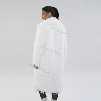 High Street Feathers Eco Fur Coat Winter Lapel Faux Fox Fur Jacket Long Fluffy Fur Overcoat Female