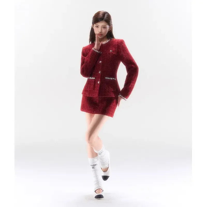 Red Christmas Skirts Set Clothing Winter New Sweet Waist Slimming Coat Mini Skirt Two Piece Set Outfits