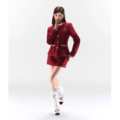 Red Christmas Skirts Set Clothing Winter New Sweet Waist Slimming Coat Mini Skirt Two Piece Set Outfits