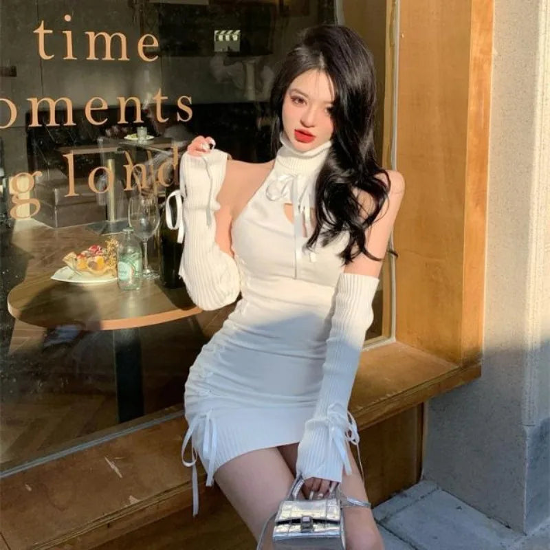 Knitted Dresses Autumn Winter Turtleneck Hollow Out Slim Stretch Bow Basic Party Sweater Dress Club