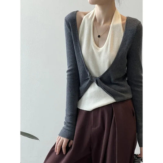 Korean Patchwork Halter Longsleeved Sweater Autumn New Fake Twopiece Knitted Tops