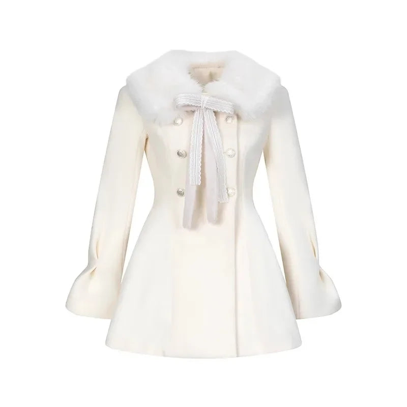 Sweet Hot Girl Fur Collar Slim Fit Woolen Coat Autumn Winter Preppy Style Doublebreasted Jacket Female Clothes