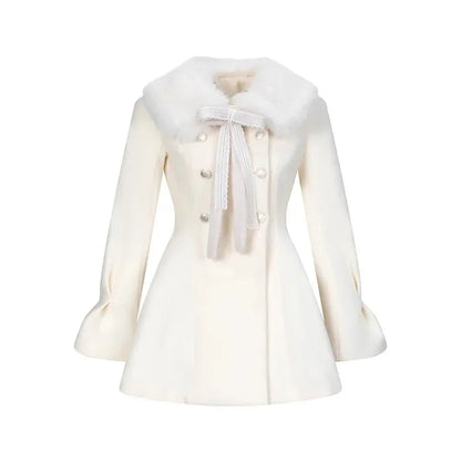 Sweet Hot Girl Fur Collar Slim Fit Woolen Coat Autumn Winter Preppy Style Doublebreasted Jacket Female Clothes