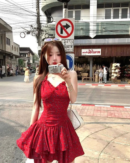 Woman Dresses Printed Sleeveless Halter Irregular Ruffles Bow Bandage Backless Mini Dress Sweet Party