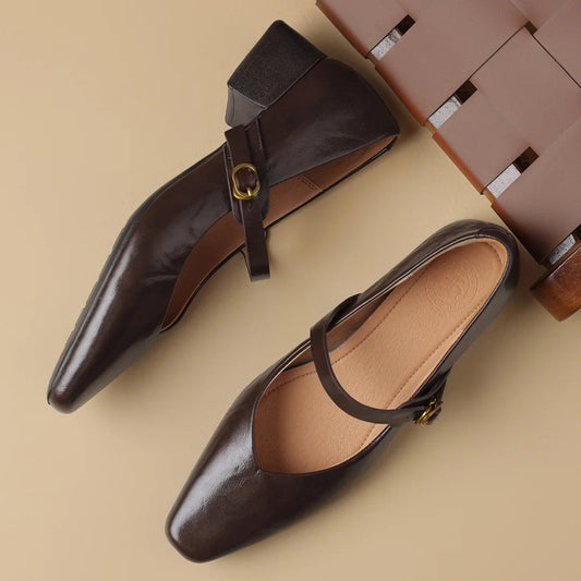 Genuine Leather Square Toe Slipon Mary Jane Pumps 4cm Thick Low Heel Daily Dress Heeled Shoes for Woman