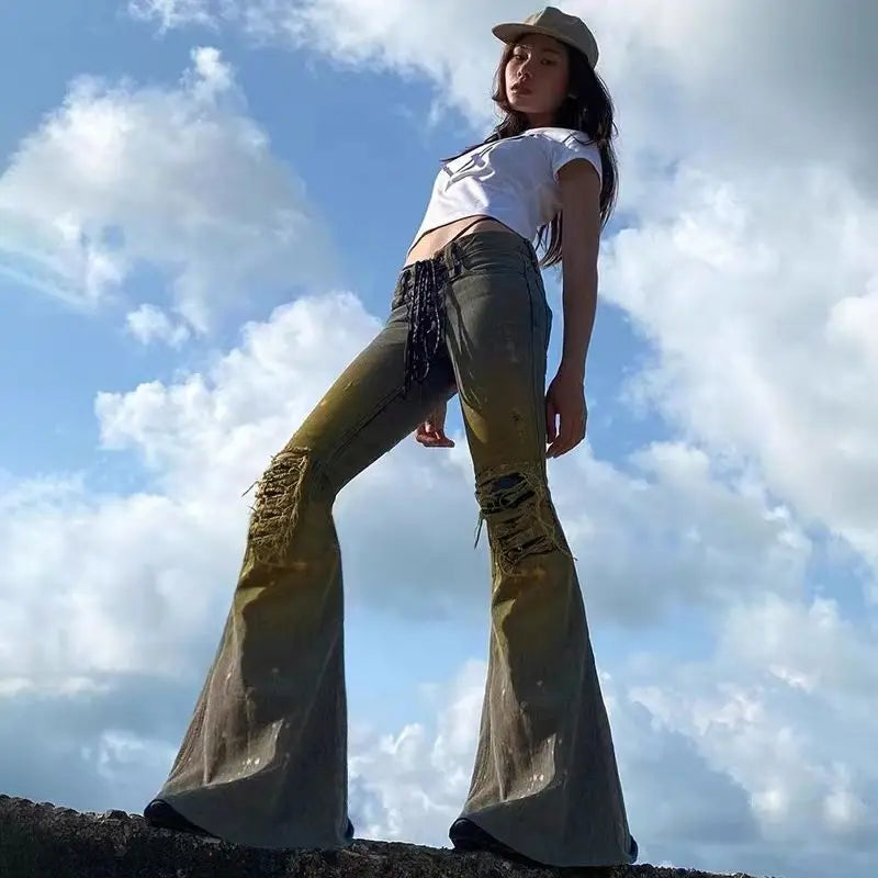 American Y2k Low Rise Jeans Laceup Design Splashed Ink Distressed Thin Versatile Popular Ripped Flared Pants