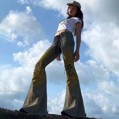 American Y2k Low Rise Jeans Laceup Design Splashed Ink Distressed Thin Versatile Popular Ripped Flared Pants