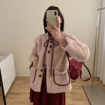 Sweet Hot Girl Oneck Doublesided Woolen Coat Autumn/winter Oneck Laceup Loose Coat Female Clothes