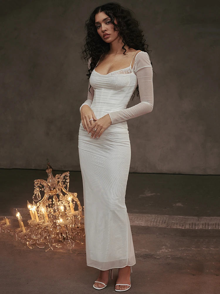 Sheer Long Sleeve Maxi Dress for Mesh Strapless Backless Club Party Long Dress New