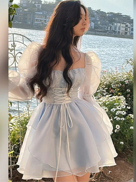 Sweet Kawaii Mini Dress Korean Party Dress Fairy Princess Puff Sleeve Summer Prom Dress