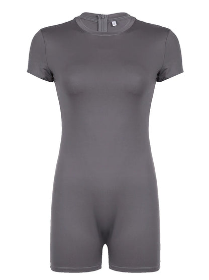 Back Zip Up O Neck Short Sleeve Skinny Gray Playsuits for Black Basic Sports Summer Rompers