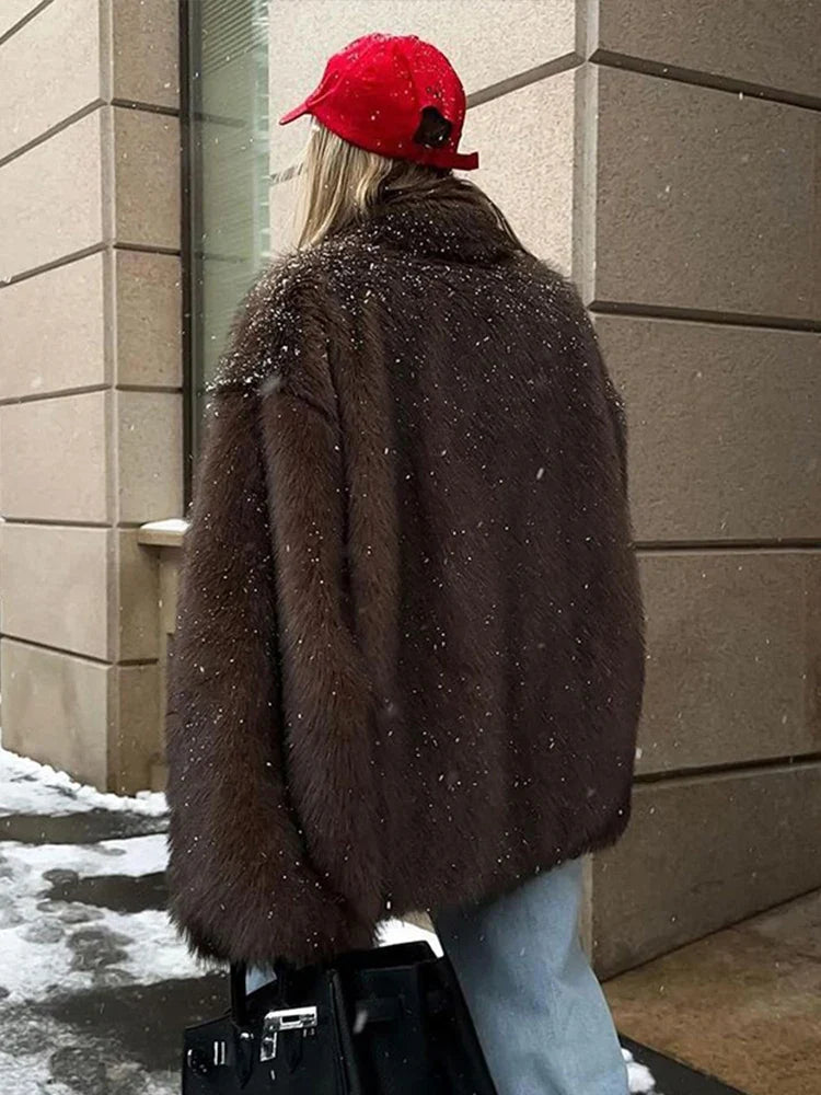 Furffy Thicken Jackets Faux Fur Loose Lapel Long Sleeves Warm Coats Female Winter Soft Outwears Lady