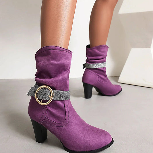 New Pointed Toe Square Root Female Midcalf Boots Shiny Buckle Autumn and Winter Party Shoes Woman