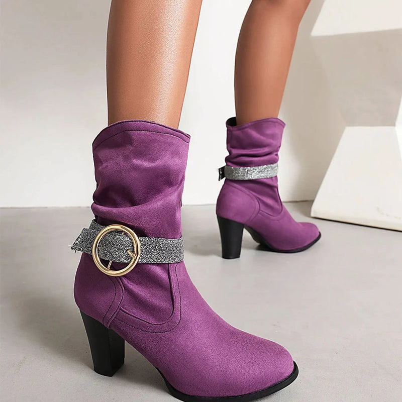 New Pointed Toe Square Root Female Midcalf Boots Shiny Buckle Autumn and Winter Party Shoes Woman