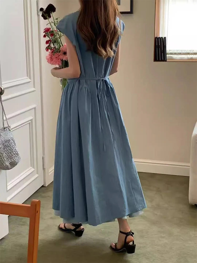 French Retro Patchwork Contrasting Short Sleeved Dress Summer New Design Slimming Waist Long Dresses