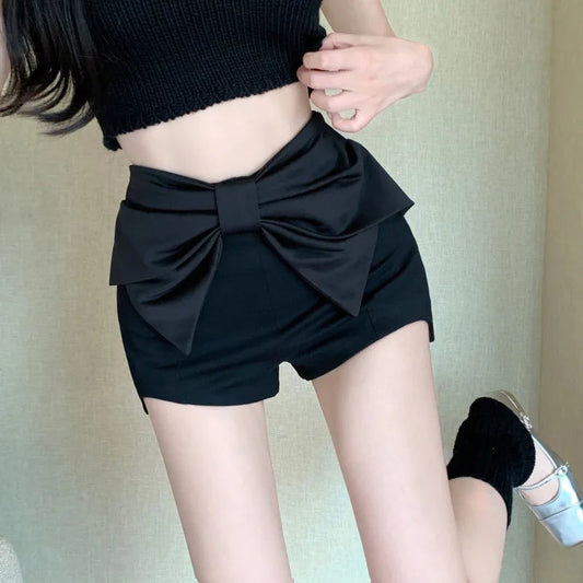 Big Bow Shorts Mujer Black Spring Summer Pants Korean Slim Pantalones Cortos