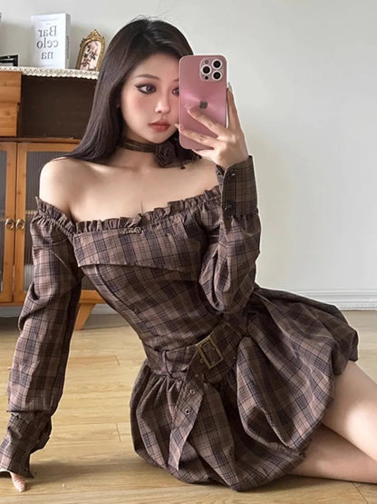 Coffee Plaid Mini Dress for Off Shoulder Long Sleeve Belt Flower Bud Dress Autumn Lady Skirts