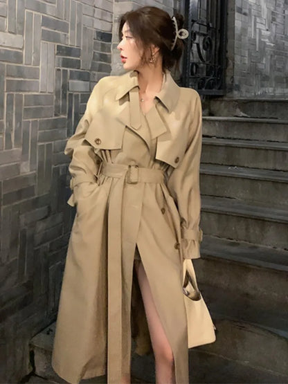 Autumn Winter Khaki Long Trench Coat for Jacket Outerwear Turn-down Collar Tie Belt Korean Windbreaker