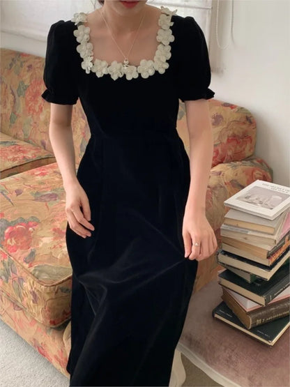 Autumn French Black Velvet Midi Dresses for Puff Sleeves Square Collar A-line Korean Vestido Mujer New