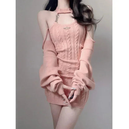 Knitted Twopiece Set Halter Neck Dress Loose Coat New Hot Girl Suspender Short Skirt Korea Japan Style Vestidos