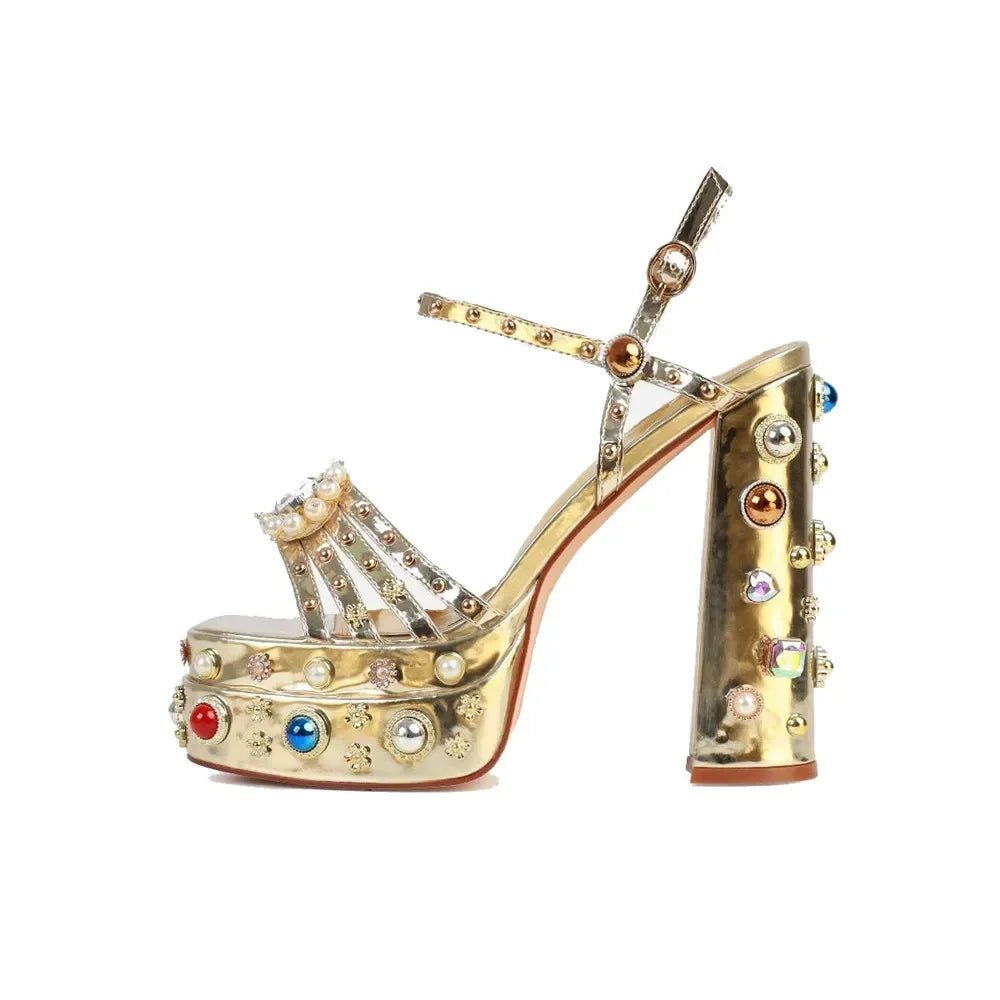 European and American Thick High Heels, Thick Soles, Pure Handmade Diamond Inlaid Sandals, Nightclub Runway Shoes