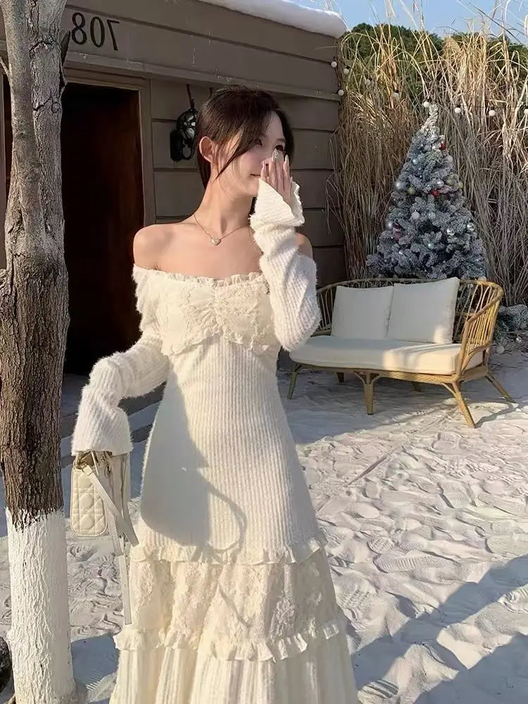 Knitted Lace Patchwork Flare Long Sleeve Square Collar Temperament Basic Sweater Dress Sweet Female