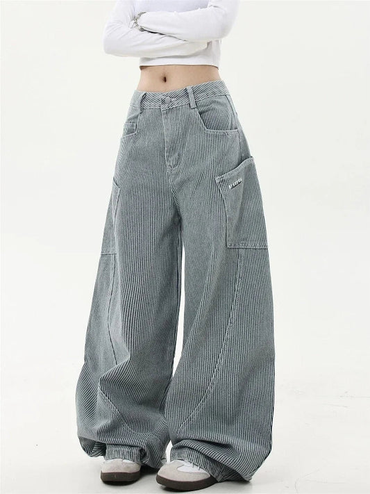 Retro Stripe Cargo Jeans Y2k Hip Hop Baggy Korean Straight Wide Leg Denim Pants Harajuku Mujer Bottoms