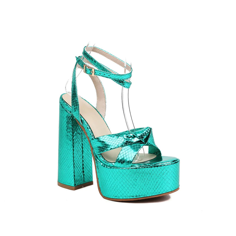 Gold High Heels Ankle Strap Party Dress Shoes 14cm Summer Opentoe Platform Chunky Sandals Pumps