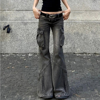 Distressed Washed Loose Cargo Jeans Spring New Korean Low Waist Pleated Denim Wide Leg Pants