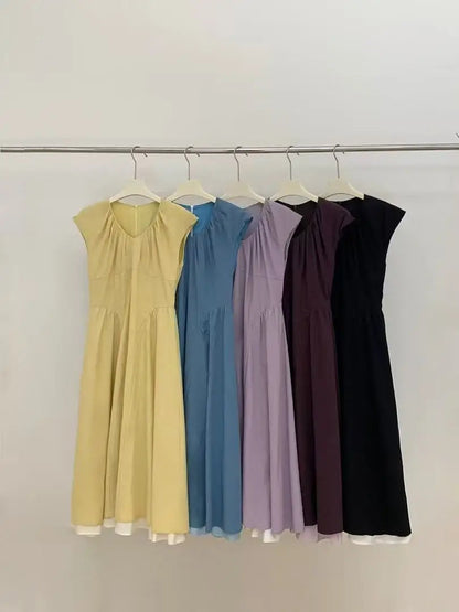 French Retro Patchwork Contrasting Short Sleeved Dress Summer New Design Slimming Waist Long Dresses