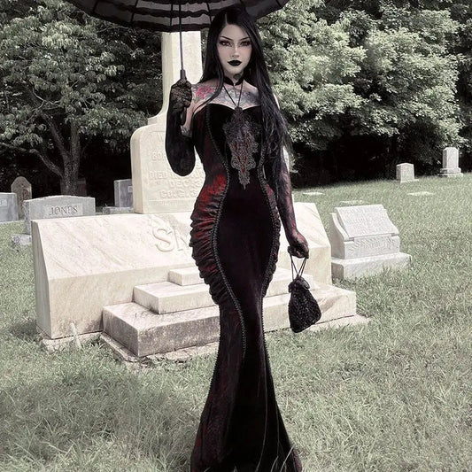 Dark Gothic Strapless Off Shoudler Dress for Halloween Costume Cinched Waist Slimming Wrapped Hip Fishtail Maxi Dress