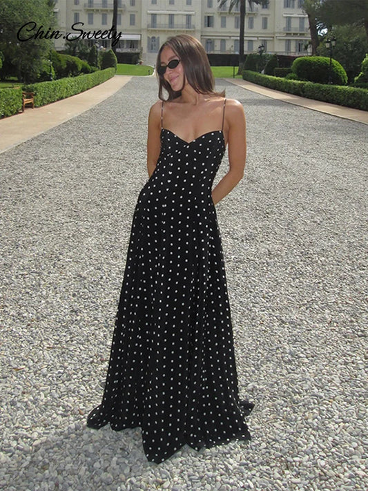Dot Strapless Maxi Dress Pleat V-neck Sleeveless Backless High Waist A-line Dresses Summer Vacation Robes New