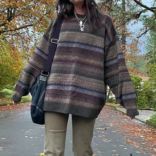 Preppy Grunge Retro Striped Knitted Sweater Autumn O Neck Full Sleeve Jumpers Fairycore Y2k Aesthetics Grandpa Pullovers