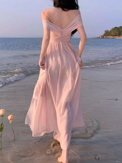 Chiffon Midi Dress Summer New Off Shoulder Slash Neck High Split Holiday Beach Style Backless Party Dress Vestido