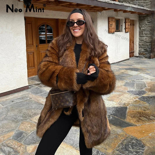 Brand Long Furry Faux Fur Coat Winter Brown Gradient Thick Warm Outerwear Fluffy Fur Jacket